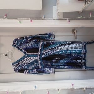 ECI Double v neck turquois,white,blackand purple fitted waist  dress